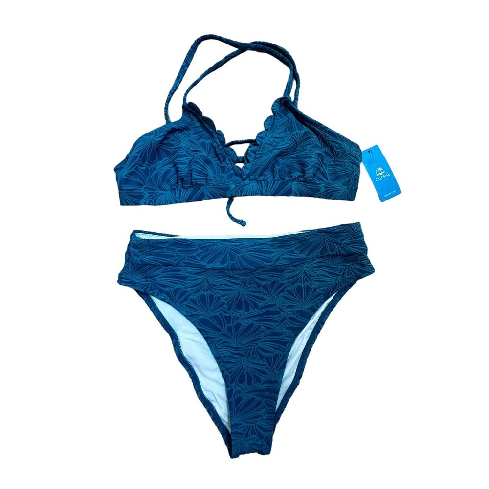 Cupshe|Teal Flower Embroidered‎ Bikini|High Rise|NWT|SZ M